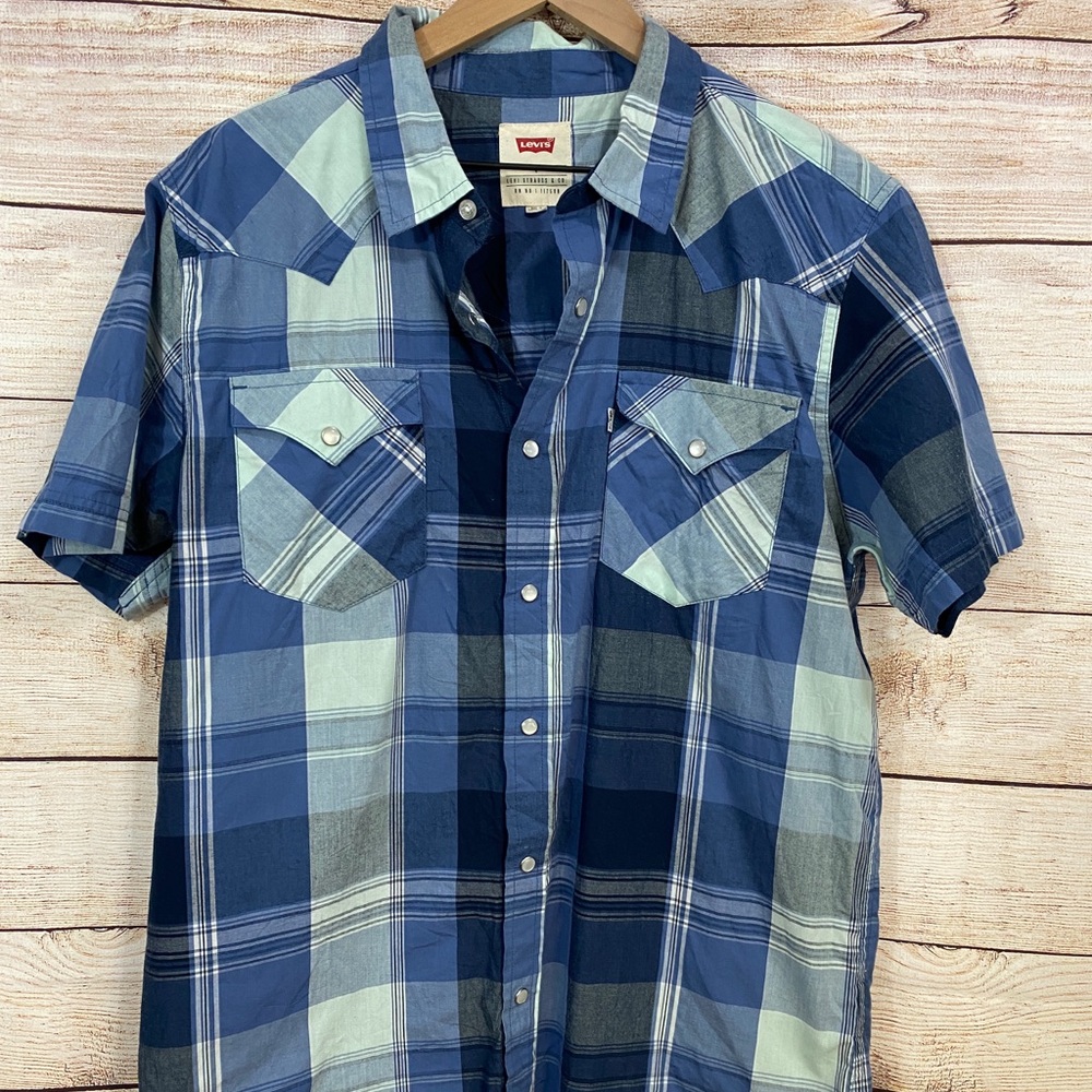 Mens Levi Strauss plaid Snap button short sleeve